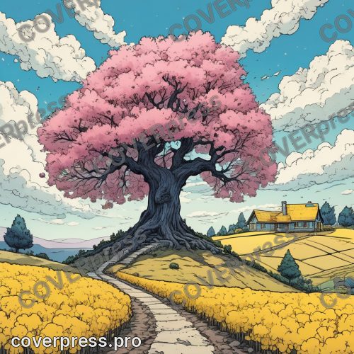 Иллюстрация в стиле Мебиуса: сакура, мост и река