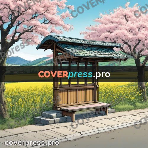 Moebius style illustration: bus shelter under cherry blossom
