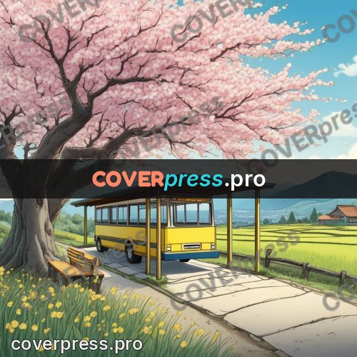 Moebius style illustration: bus shelter under cherry blossom