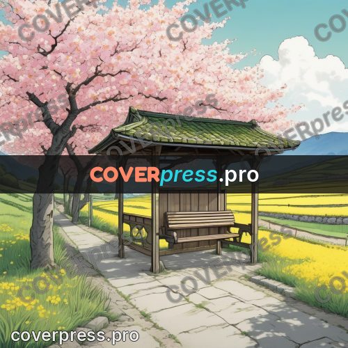 Moebius style illustration: bus shelter under cherry blossom