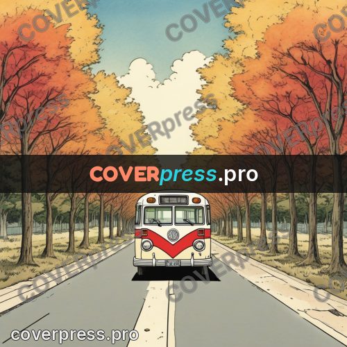 Moebius style illustration: bus on a tree-lined road