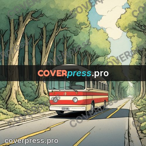Moebius style illustration: bus on a tree-lined road