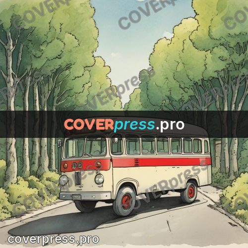 Moebius style illustration: bus on a tree-lined road