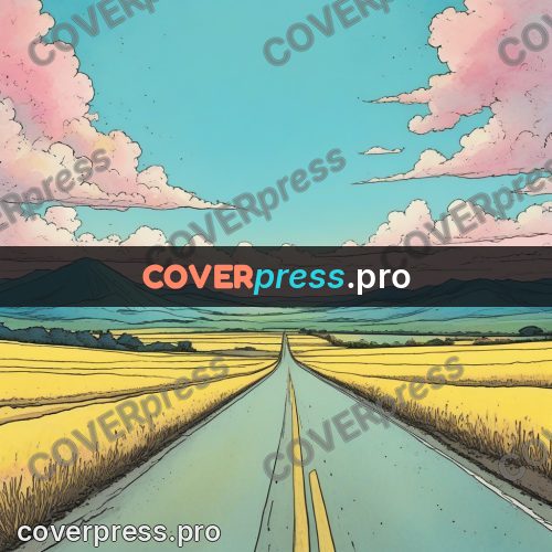 Moebius style illustration: road through a yellow field