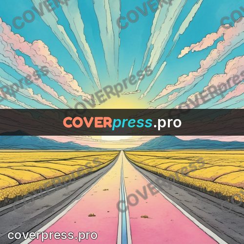 Moebius style illustration: road through a yellow field
