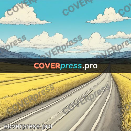 Moebius style illustration: road through a yellow field