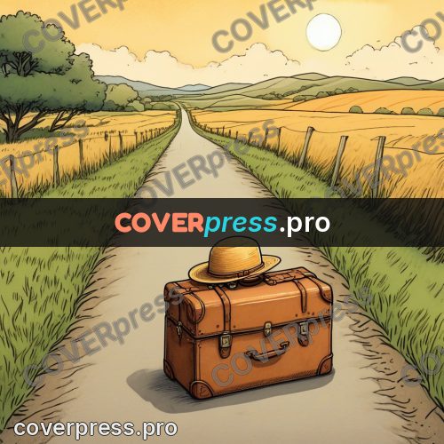 Moebius style illustration: suitcase on a country road