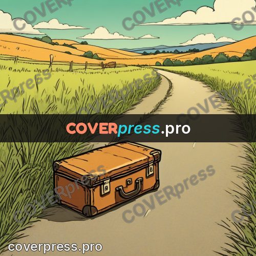Moebius style illustration: suitcase on a country road