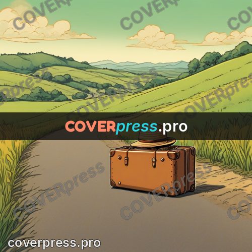 Moebius style illustration: suitcase on a country road