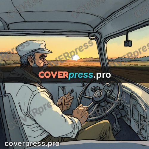 Moebius style illustration: driver at the wheel at sunrise