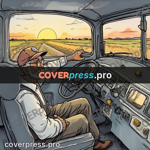 Moebius style illustration: driver at the wheel at sunrise