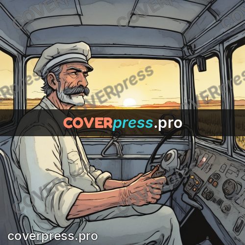 Moebius style illustration: driver at the wheel at sunrise