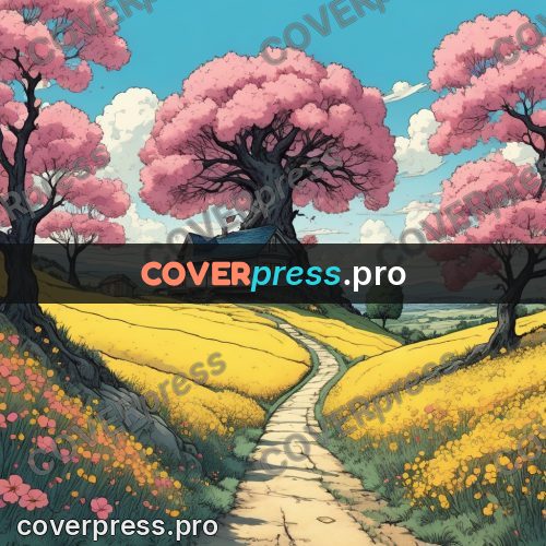 Moebius style illustration: blossoming tree by a house