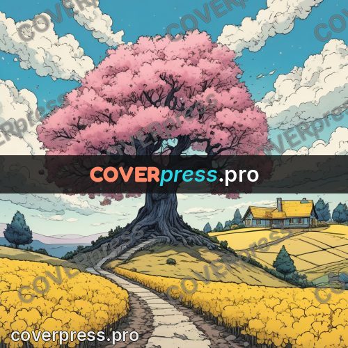 Moebius style illustration: blossoming tree by a house