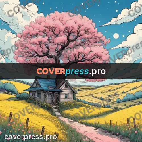 Moebius style illustration: blossoming tree by a house