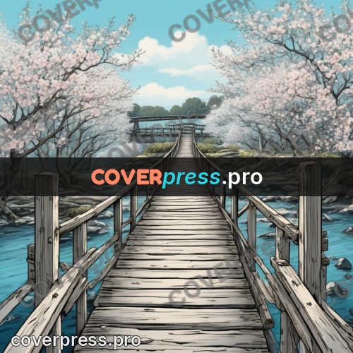 Moebius style illustration: wooden bridge over a river