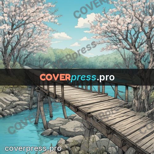 Moebius style illustration: wooden bridge over a river