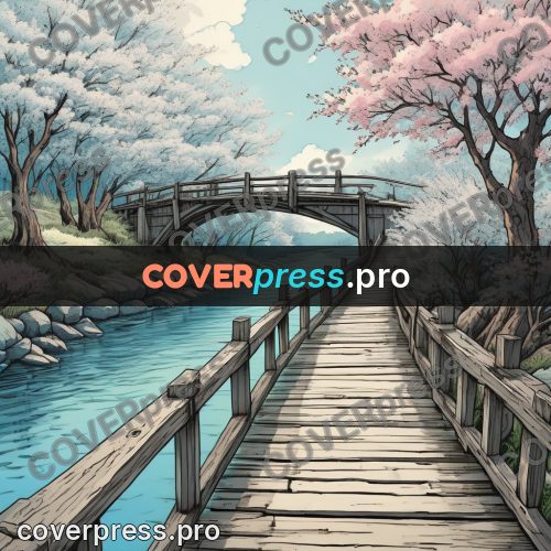 Moebius style illustration: wooden bridge over a river