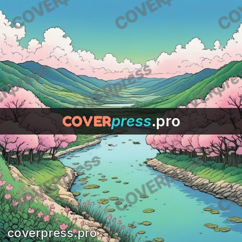 Moebius style illustration: river between green hills