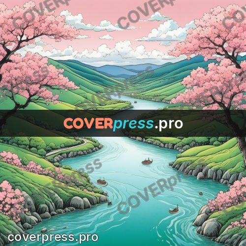 Moebius style illustration: river between green hills