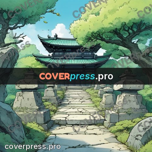 Moebius style illustration: steps to a shrine in greenery