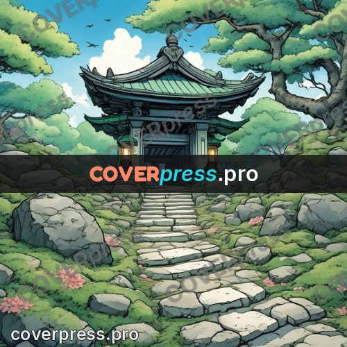 Moebius style illustration: steps to a shrine in greenery