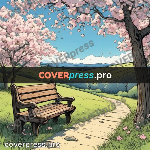 Moebius style illustration: bench under a blossoming tree