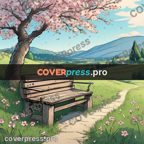 Moebius style illustration: bench under a blossoming tree