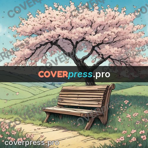 Moebius style illustration: bench under a blossoming tree