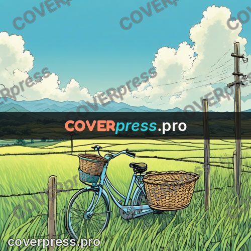 Moebius style illustration: bicycle with baskets by a field