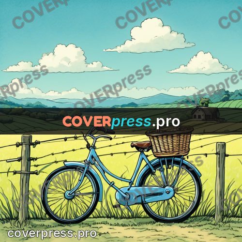 Moebius style illustration: bicycle with baskets by a field