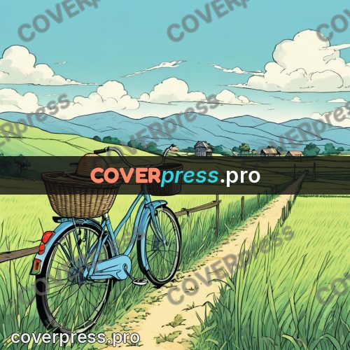 Moebius style illustration: bicycle with baskets by a field