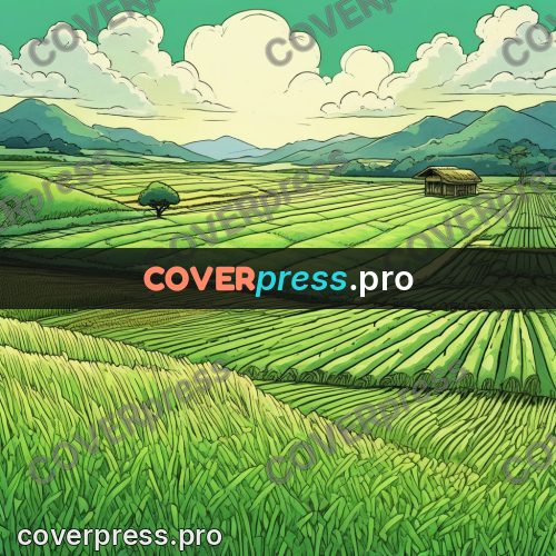 Moebius style illustration: green fields under clouds