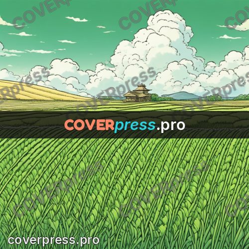 Moebius style illustration: green fields under clouds