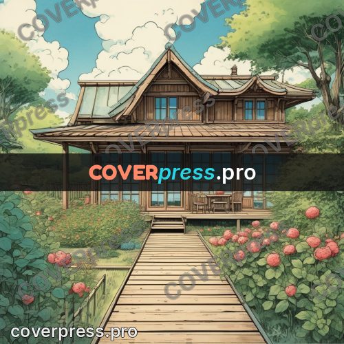 Moebius style illustration: wooden house with a veranda