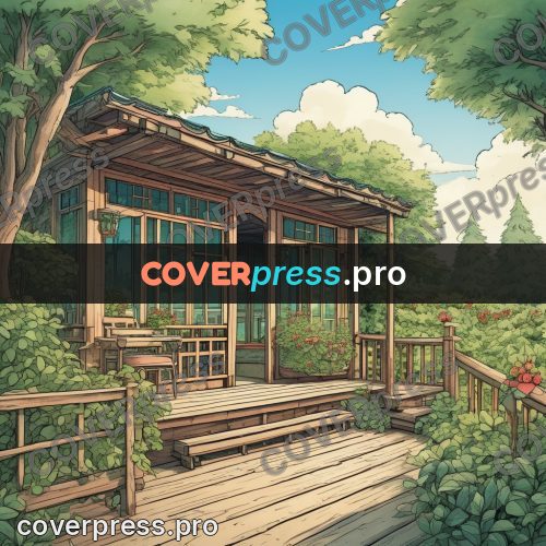 Moebius style illustration: wooden house with a veranda