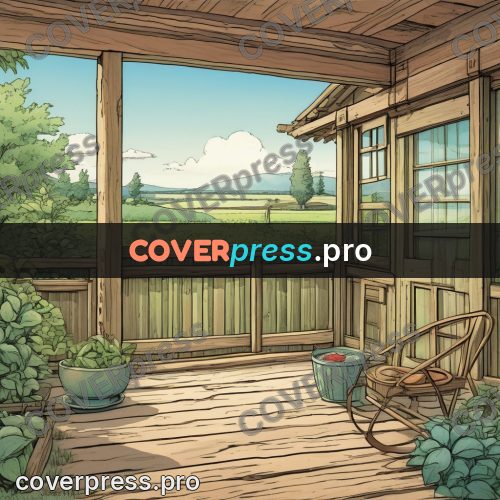 Moebius style illustration: wooden house with a veranda