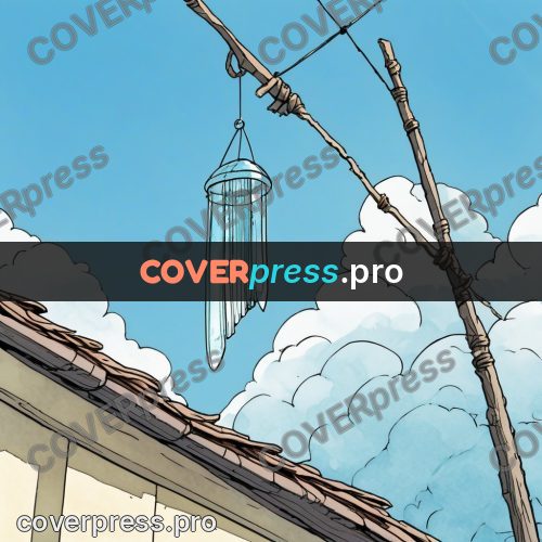 Moebius style illustration: wind chime under a roof