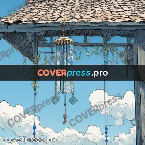 Moebius style illustration: wind chime under a roof