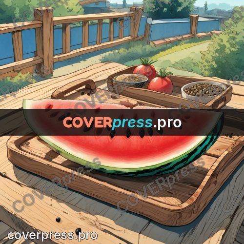 Moebius style illustration: watermelon on a wooden table