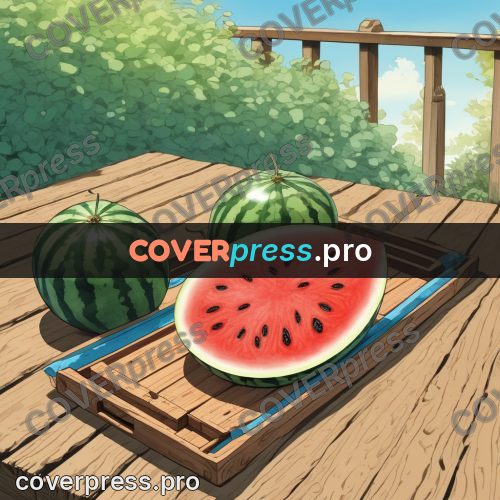 Moebius style illustration: watermelon on a wooden table