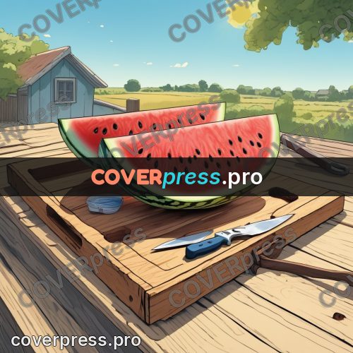 Moebius style illustration: watermelon on a wooden table