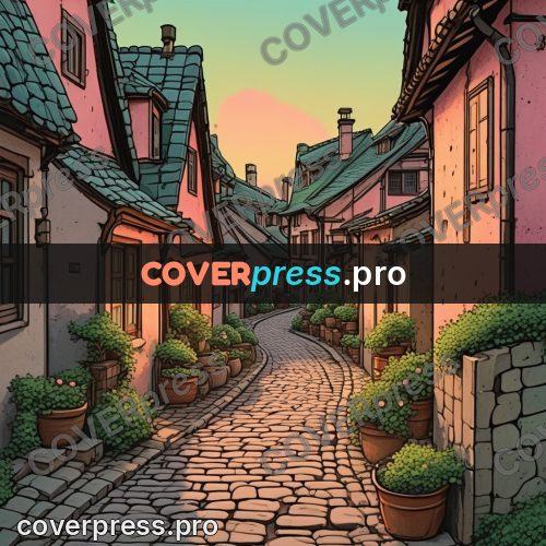 Moebius style illustration: cobbled lane at sunset