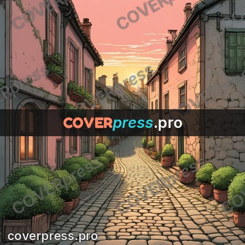 Moebius style illustration: cobbled lane at sunset