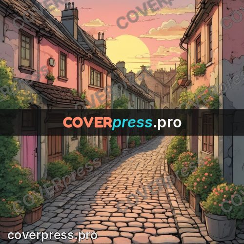 Moebius style illustration: cobbled lane at sunset