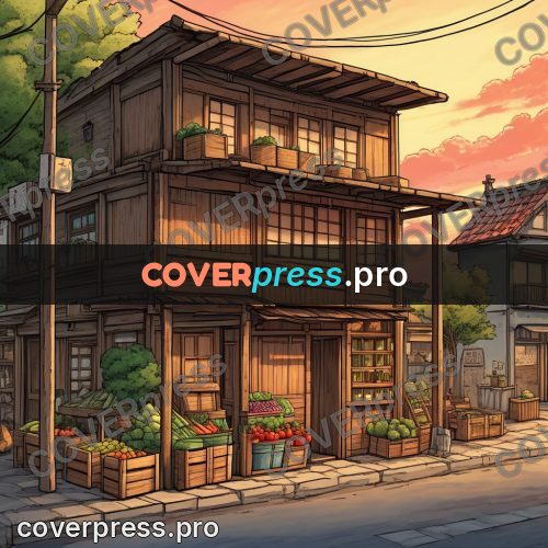 Moebius style illustration: wooden shop with crates