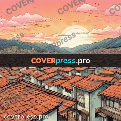 Moebius style illustration: red roofs at sunset