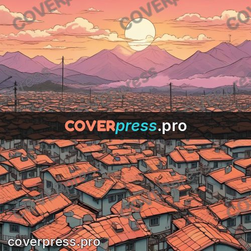 Moebius style illustration: red roofs at sunset