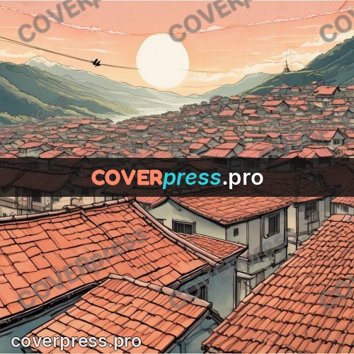 Moebius style illustration: red roofs at sunset
