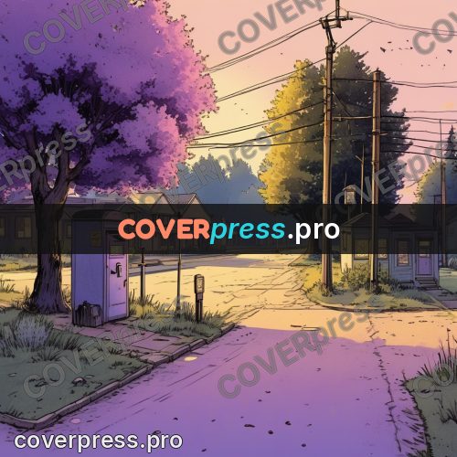 Moebius style illustration: quiet street at dusk